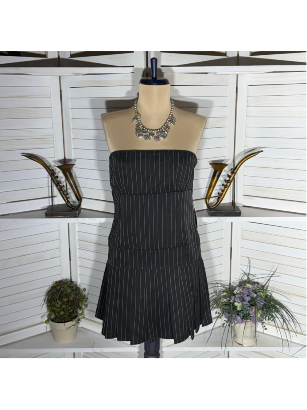 black pin striped mini dress Wednesday Addams strapless pleated cosplay preppy